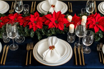Elegant table setting with a blue tablecloth, featuring a single white plate in a minimalist style.