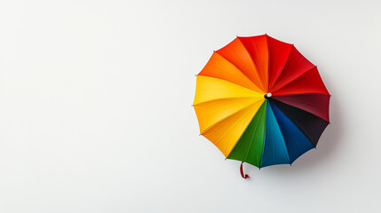 A vibrant, open rainbow umbrella on a white background in a studio shot. The colorful umbrella stands out, ideal as an advertising concept with ample copy space.