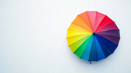 A vibrant, open rainbow umbrella on a white background in a studio shot. The colorful umbrella stands out, ideal as an advertising concept with ample copy space.