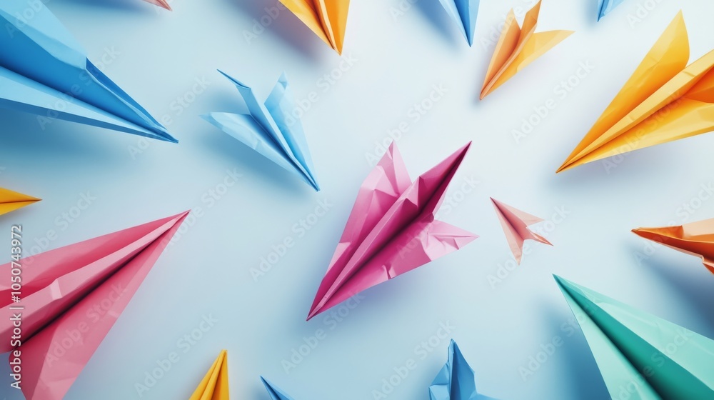 Poster a conceptual image of diverse paper airplanes of different colors soaring towards a common destinati