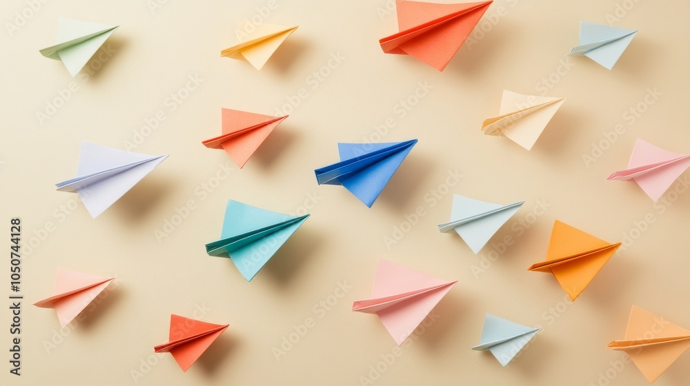 Poster A conceptual image of diverse paper airplanes of different colors soaring towards a common destination on a plain backdrop, Embodying unity and shared aspirations, photography style