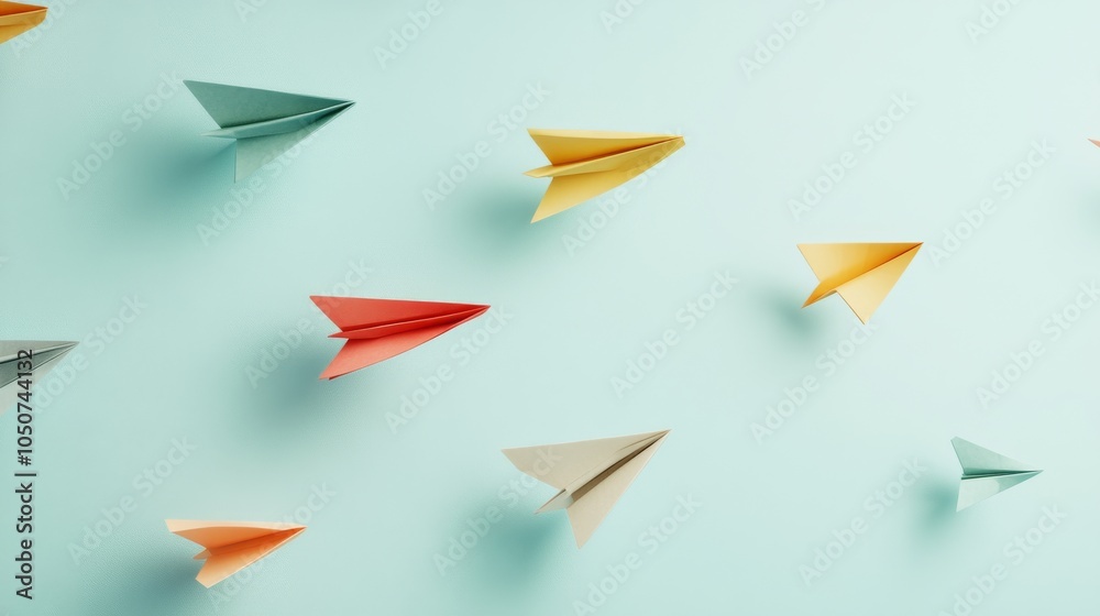 Poster a conceptual image of diverse paper airplanes of different colors soaring towards a common destinati