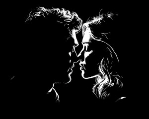 Fototapeta premium black and white silhouette of couple kissing, black background, wallpaper art design