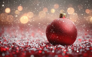 A red Christmas ornament with intricate designs on a sparkling silver background.