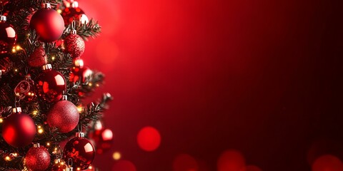 A decorated Christmas tree with red ornaments and glowing lights in a cozy living room setting.