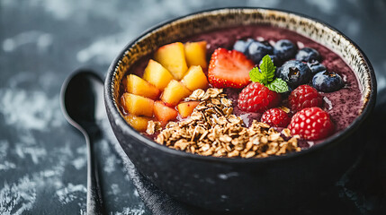 A nutritious acai bowl topped with granola, fresh fruits, and berries, perfect for breakfast.