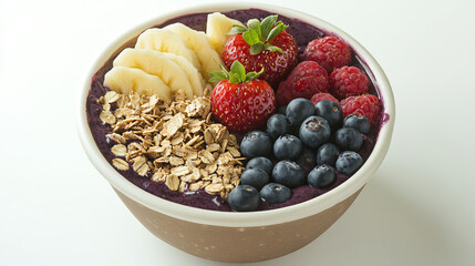A nutritious acai bowl topped with granola, fresh fruits, and berries, perfect for breakfast.