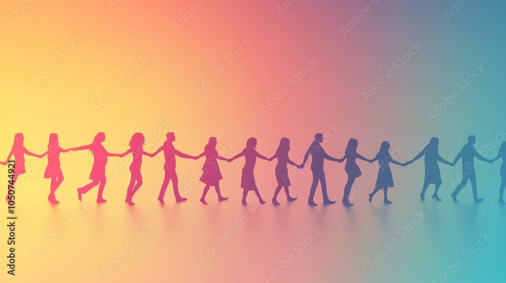 Poster a conceptual image of diverse silhouettes forming a human chain against a gradient background, embod