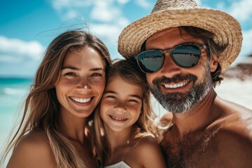 Fototapeta premium Happy parents spending quality time with daughter on a beach vacation, Generative AI