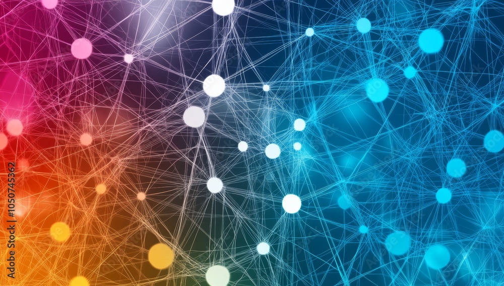 Poster colorful network of interconnected people represented by glowing nodes on an intricate grid, symboli