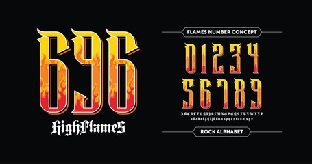 High Flames: Fire Number Set. Flame-inspired numbers in bold, cartoonish style, ideal for hot rod stickers, vintage car designs, and sporty jerseys. Ready to ignite any project! Vector illustration