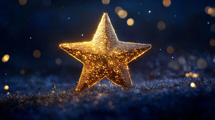 A lifelike, textured golden star radiating a warm glow against a dark night sky.