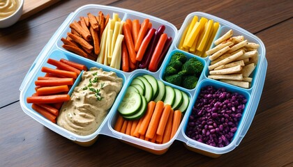 A visually appealing setup of colorful veggie sticks with hummus in meal prep containers, ideal for healthy snacking, Generative AI