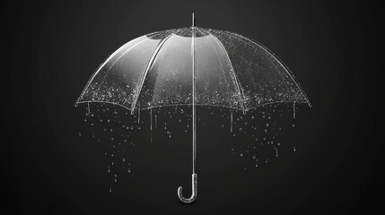 A clear umbrella in heavy rain, with water droplets splashing in the background &ndash; representing the concept of rainy weather.