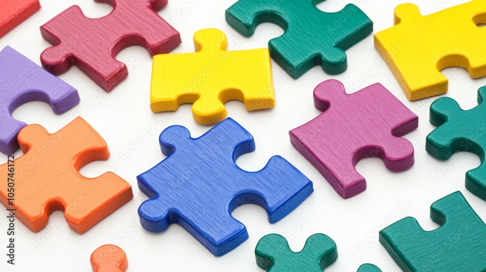 Poster a conceptual image of puzzle pieces of different colors fitting together seamlessly on a white backg