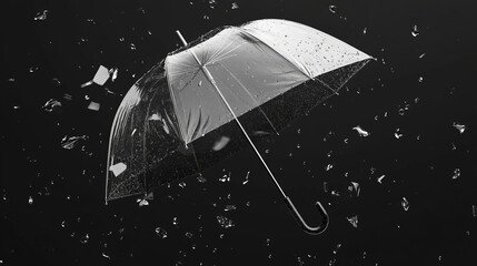 A clear umbrella in heavy rain, with water droplets splashing in the background &ndash; representing the concept of rainy weather.
