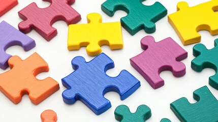Obraz premium A conceptual image of puzzle pieces of different colors fitting together seamlessly on a white background, Signifying integration and unity, photography style