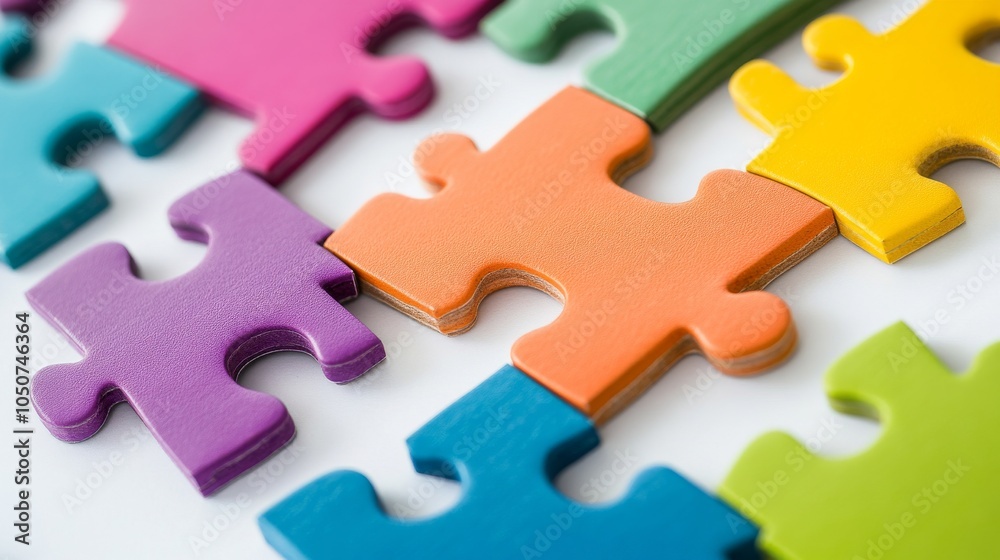 Poster a conceptual image of puzzle pieces of different colors fitting together seamlessly on a white backg