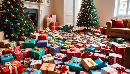 A festive living room engulfed in a mess of Christmas packaging waste, featuring bright colored paper and toppled gift boxes, depicting the chaos after the celebration, Generative AI