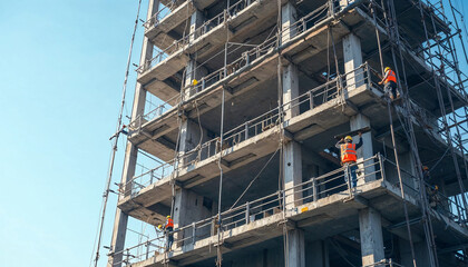 Fototapeta premium Skyscraper scaffolding scene highlights urban development and construction teamwork.