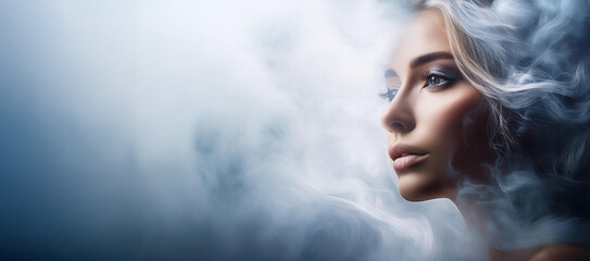 A captivating portrait of a woman gazing into the distance, her face surrounded by soft, ethereal fog, evoking a sense of introspection, mystery, and the beauty of solitude. A Journey Through Mist.