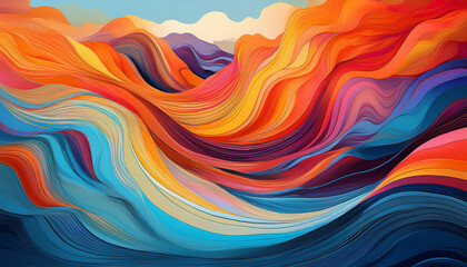 Vibrant abstract waves of color background with orange, blue, red curves