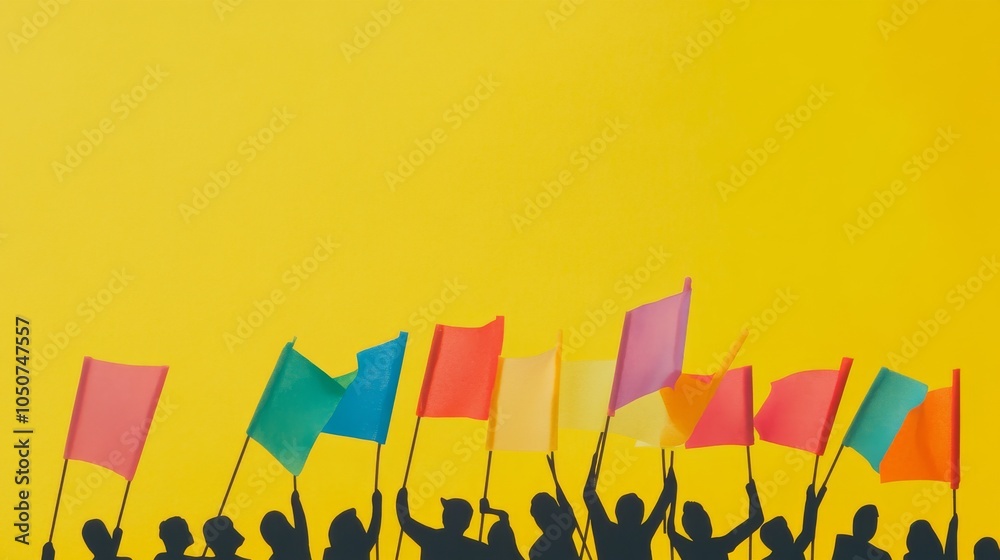 Poster a crowd of tiny silhouettes holding colorful flags on a solid yellow background representing celebra