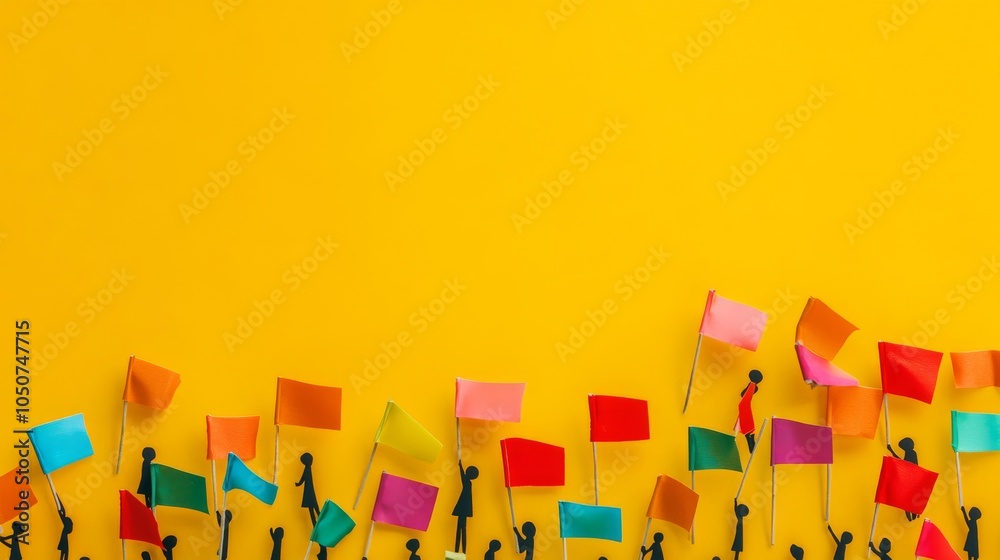 Poster a crowd of tiny silhouettes holding colorful flags on a solid yellow background representing celebra