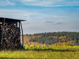 Unterstand mit frisch gestapelten Brennholz © focus finder