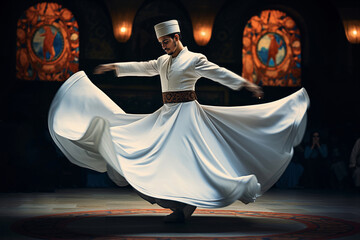 Whirling dervish performing Sufi dance in traditional white attire