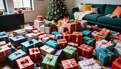 A cluttered holiday scene in a living room filled with colorful packaging waste, featuring gift wrap, ribbons, and toppled boxes, portraying the cheerful chaos, Generative AI