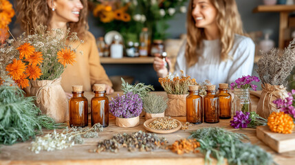 Two women smile while discussing dried flowers and herbs in jars, creating a warm, rustic scene of natural elements.