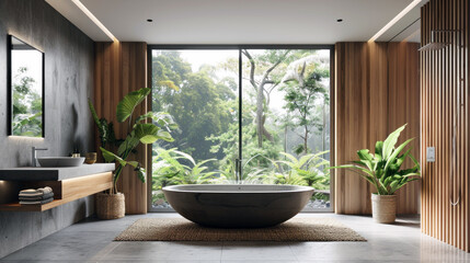 Fototapeta premium Luxurious bathroom with a freestanding tub overlooking a tropical garden, blending modern design with nature.