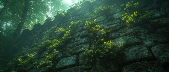 Ancient Castle Wall from Ant's Perspective, Weathered Stone Surrounded by Lush Greenery, Rich Textures and Vibrant Nature Below