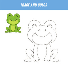 Trace line and color cute cartoon frog. Handwriting practice. Educational worksheet for preschool kids. Activity page. Animal coloring. Vector illustration
