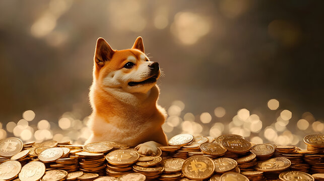 doge cryptocurrency meme dog sitting on pile of coins humorous financial concept