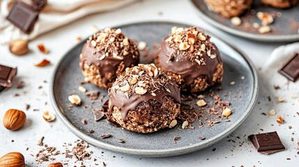 Chocolate profiteroles filled with hazelnut cream, isolated on a gray ceramic plate, surrounded by chocolate shavings and crushed hazelnuts