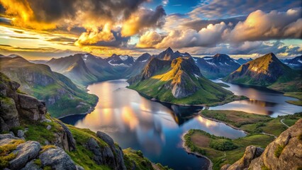 Fototapeta premium panoramic nordic fjord and lake Krokvatnet in summer, peaceful green nature seascape with mountains and dramatic clouds, Moskenesoey, Lofoten, Nordland, Norway, Europe