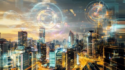 A digital artwork blending symbols of diversity into a futuristic cityscape, Symbolizing cultural integration and technological progress, photography style