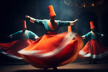 Whirling dervish in colorful attire performing traditional Sufi dance