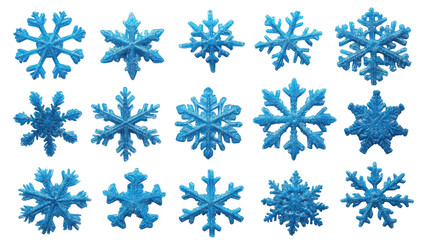 Collection of blue shiny snowflakes isolated on white