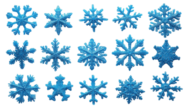Collection of blue shiny snowflakes isolated on white