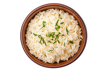 Bowl of fluffy white rice garnished with fresh herbs on a white background. transparent background.