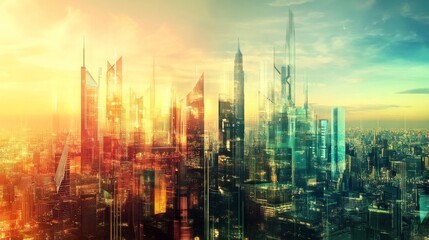 Naklejka premium A digital artwork blending symbols of diversity into a futuristic cityscape, Symbolizing technological integration and cultural diversity, photography style