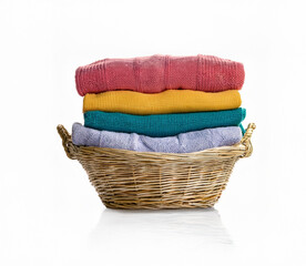 Obraz premium Stack of wool sweater Colorful Folded Knit Sweaters on White Background, wool sweater in wicker basket isolated. winter, knit wool sweater