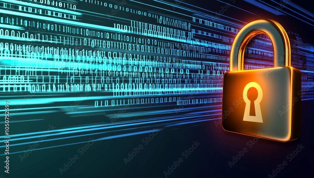 Poster glowing digital padlock icon in the center of an abstract dark blue background filled with binary co