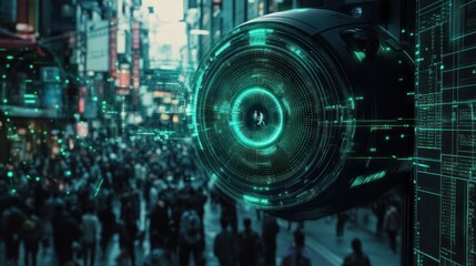 Obraz premium A futuristic surveillance camera in a bustling urban environment.