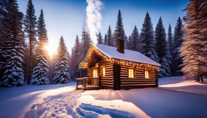 Naklejka premium A charming log cabin nestled in a snowy forest, with smoke gently rising from the chimney, creating a cozy and inviting winter scene.
