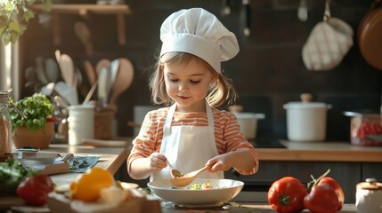 A young culinary artist child experimenting with new recipes in a creative kitchen environment