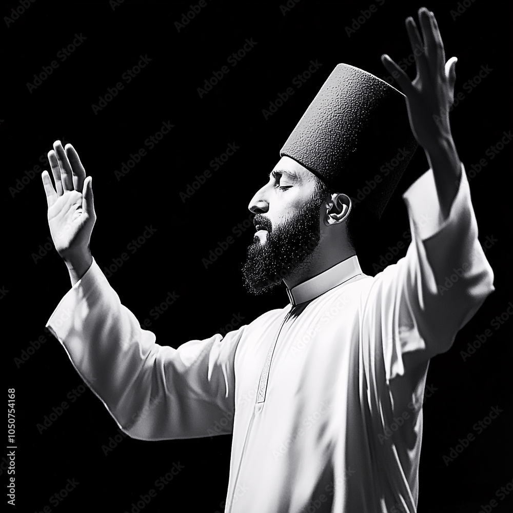 Wall mural Black and white portrait of whirling dervish in spiritual trance